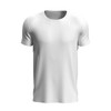A plain white men's active sports T-shirt with short sleeves and a round neckline. It features a logo on the front.