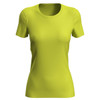A short-sleeved women's active T-shirt in vibrant lime green, featuring a fitted design and a small logo.