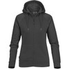 A women's zip hoodie in dark grey, featuring a hood and a front zipper, with branding on the label.