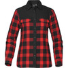 A women's button-up thermal shirt featuring a black and red checkered pattern with long sleeves and front pockets.