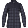 A women's button-up shirt in a black and grey plaid pattern, featuring a solid black yoke and two chest pockets.