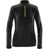 A women's black fleece pullover with a quarter zip and green accents, featuring long sleeves and a logo.