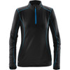 A women's long-sleeve black fleece pullover with blue piping and a zip collar, featuring a logo.
