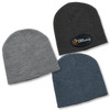 A collection of three beanies in grey, dark grey, and blue, featuring a logo on one hat.