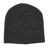 A dark grey beanie with a smooth texture and a fitted design. It features a logo on one side.