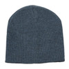 A grey beanie made from soft fabric, featuring a seamless design and a small logo.
