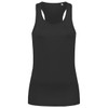 A black women's active sports top with a racerback design and a brand logo. Suitable for various sporting activities.