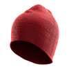 A red knit beanie with a soft texture and a snug fit, featuring a small branding logo.