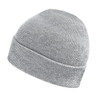 A grey knit beanie with a simple design and a branding logo on the side.
