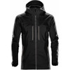 A black rain jacket with a hood, featuring zippered pockets and a logo on the front.