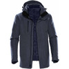 A men's jacket in dark blue with a hood, featuring multiple pockets and a zip closure. It has a logo.