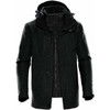 A black Men's Avalante System Jacket with a hood and multiple pockets. It features a logo on the front.