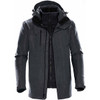 A men's jacket in dark grey with a hood, featuring multiple zippered pockets and a sleek design.