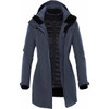 A women's jacket featuring a dark grey exterior, a black interior, and a hood, with a logo on the sleeve.