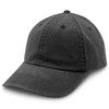 A black washed chino cap featuring a curved brim and six panels, with a logo on the front.