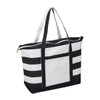 A striped black and white premium boat tote bag with sturdy handles and a zippered closure.