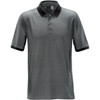 A dark grey polo shirt with a black collar and trim, featuring a logo on the upper chest.