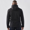 A black softshell hoody for men, featuring a hood and a sleek design, viewed from the back.
