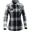 A women's quilted shacket featuring a green, navy, and white plaid pattern, with two front pockets and a collar.
