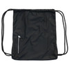 A black drawstring bag featuring a zippered pocket and a logo. Ideal for carrying small items.