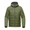 A men's thermal jacket in olive green with a hood and quilted design, featuring a logo on the front.