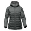 A women's thermal jacket in dark green with a hood, featuring a zip front and quilted design. It has a logo on the sleeve.