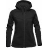 A black women's hoodie with a zip front and adjustable hood, featuring zippered side pockets and a branded logo.