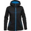 A women's black hoody featuring a blue inner lining, zippered pockets, and a fitted design. It includes a logo.