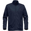 A navy blue men's softshell jacket with a zip-up front and side pockets, featuring a logo.