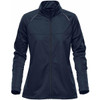A women's lightweight softshell jacket in navy blue with a zip front, featuring a stand-up collar and a sleek design.