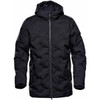 A black men's parka with a hood and zip closure, featuring quilted detailing and side pockets.