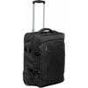 A black wheeled carry-on bag with a retractable handle and zippers, featuring straps and a logo.