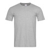 A grey fitted t-shirt with short sleeves and a label at the neckline. It has a logo on the front.