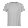 A grey heavyweight crew neck t-shirt with short sleeves and a logo on the label.