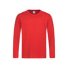 A red long sleeve T-shirt with a round neckline and a logo on the label.
