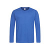 A blue long-sleeve t-shirt with a round neckline and a logo on the label.