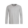 A light grey long sleeve T-shirt with a round neck and a logo on the label.