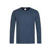 A navy blue long sleeve T-shirt featuring a classic design and a tag inside. It includes a logo on the collar.