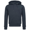 A dark green men's active sweat hoody featuring a front pocket and a large hood, with a logo present.