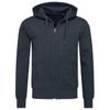A men's active sweatjacket in dark grey with a zip front and hood, featuring a logo on the chest.