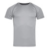 A short-sleeved, light grey active T-shirt with raglan sleeves and a logo.