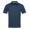 A dark navy men's polo shirt featuring a collar, three-button placket, and a contrasting inner collar.