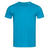 A bright turquoise men's crew neck t-shirt, featuring short sleeves and a plain design.
