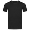 A plain black crew neck t-shirt with short sleeves. The shirt has a small logo on the front.
