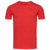 A red crew neck t-shirt featuring short sleeves and a simple design, with a logo present.