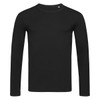 A black long sleeve shirt with a crew neck and a small logo on the chest area.