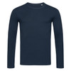 A long sleeve, navy blue T-shirt featuring a round neckline and a simple design, with a logo on the front.