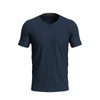 A navy blue V-neck men's T-shirt with short sleeves and a fitted design. It features a brand logo.