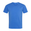 A blue crew neck t-shirt featuring short sleeves and a plain design. It has a small logo on the neckline.