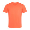 A bright orange crew neck t-shirt with short sleeves and a subtle logo on the neckline.